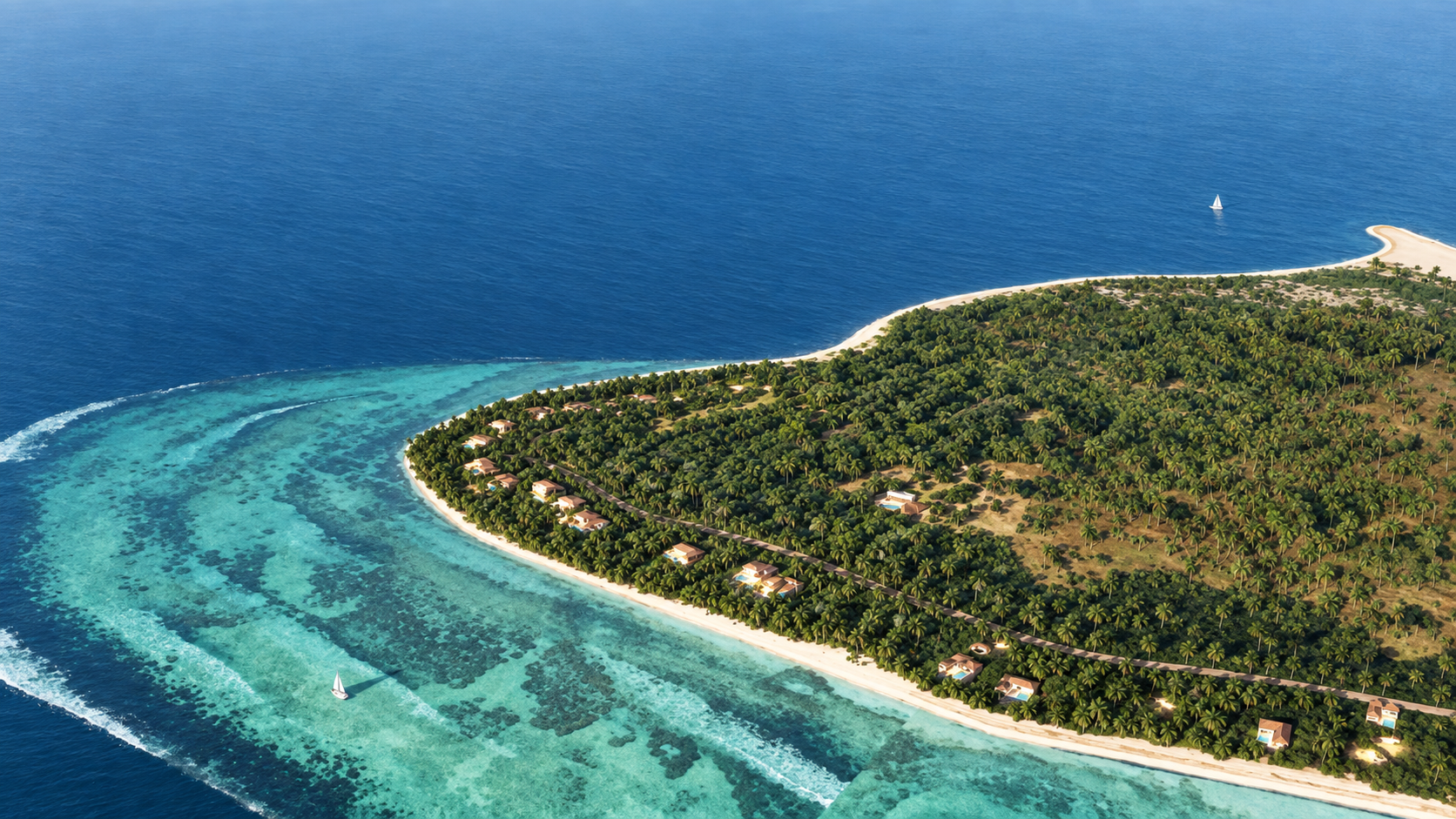 AI-enhanced artist’s impression of private homes among trees along Sinaya’s beachfront, with white sand and turquoise reef waters.
